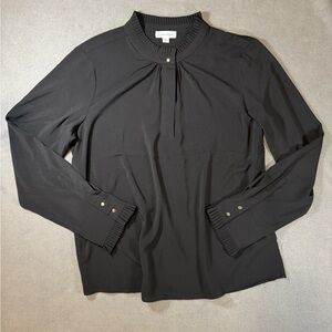 Calvin Klein Women's Black Long Sleeve Top with Pleated Cuff and Collar